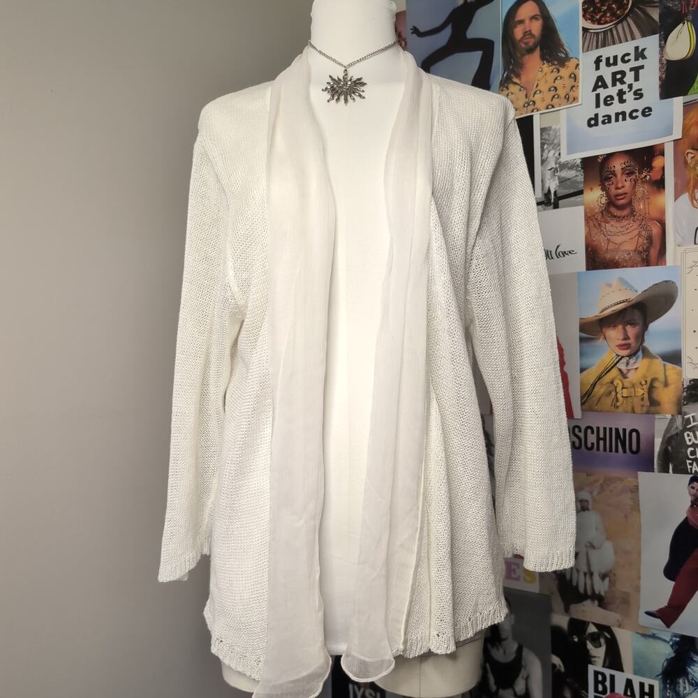 White Open Knit Cardigan with Sheer Front Panels